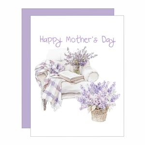 Cartão de Feliz Dia das Mães, Lilás, Amantes de livros, Lavanda, Cadeira aconchegante, Cartão de aquarela, Dia das mães, Cartão para mamãe, Cartão doce e bonito
