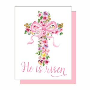 He Has Risen Christian Blumenkreuz Karte, innen leer, A2 Karte, Geschenke für Sie, Osterkarte, Frühlingskarte, Floral, rosa Schleife