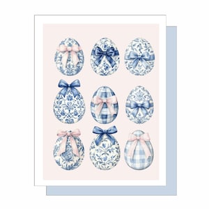 Chinoiserie-eieren met strikken, notitiekaart, blanco binnenkant, paaseierenkaart, A2-kaart, cadeaus voor haar, paaskaart, lentekaart, blauw en wit