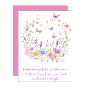 Blumenkranz mit Schmetterlingen, glückliche Muttertagskarte, Aquarellkarte, Muttertag, Karte für Mama, süße und hübsche Karte, Wildblumen, rosa