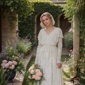 Milky Lace Long Sleeve Cottagecore Dress – Vintage Puff Sleeve Cream Maxi – Romantic Prairie Aesthetic Dress for Women with Scalloped Trim