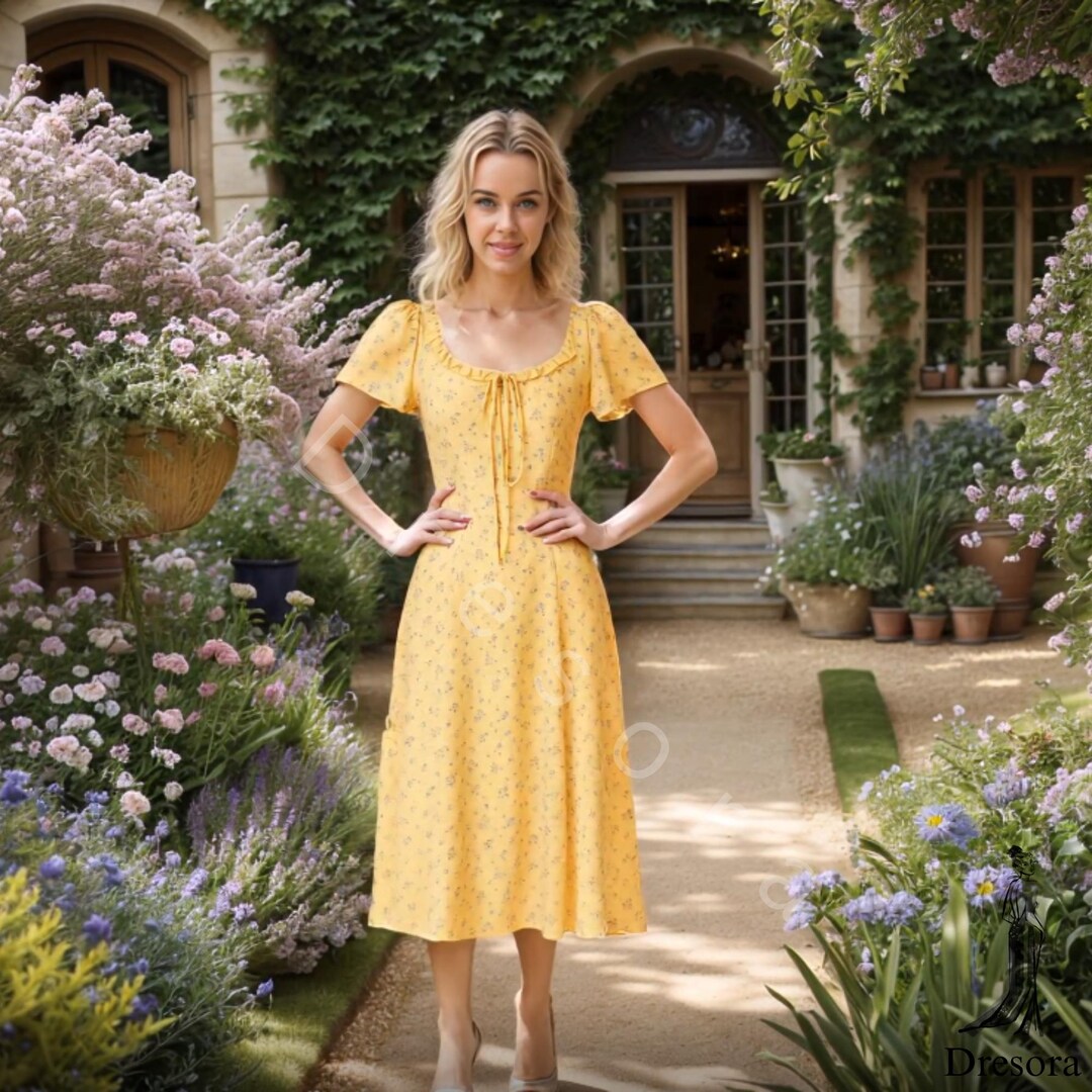 Yellow Floral Midi Dress With Flutter Sleeves – Tie Neck Cottagecore ...