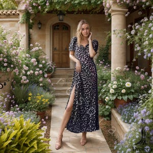 Floral Puff Sleeve Midi Dress for Women, Sweetheart Neckline Slit Dress, Romantic Cottagecore Summer Outfit, Garden Picnic Date Style