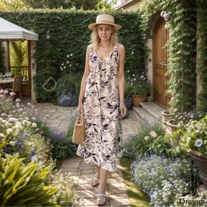 Sleeveless Floral Maxi Dress, Boho V-Neck Summer Outfit, Flowy Cottagecore Dress for Women, Casual Garden Picnic or Vacation Look