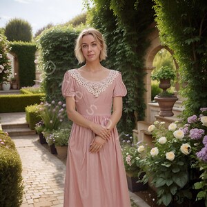 Vintage Cottagecore Puff Sleeve Dress – Pink Garden Party Gown with Lace Collar, Romantic Regency-Style Summer Outfit for Women’s Fashion