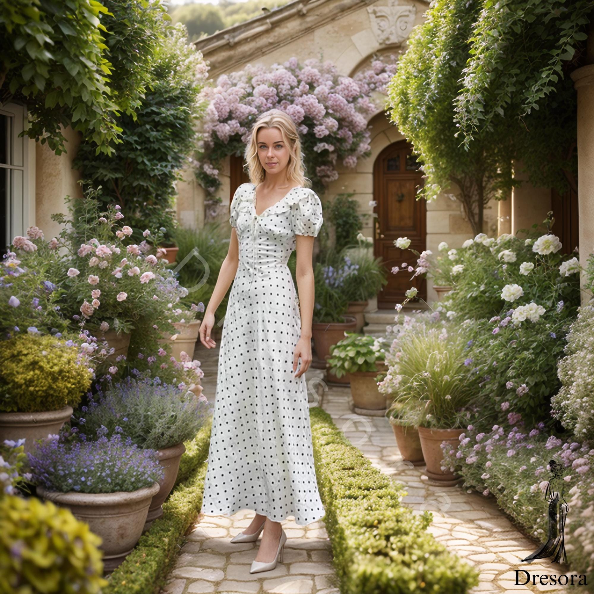 Polka Dot Puff Sleeve Dress – Cottagecore Maxi with Bow Detail, Vintage French Girl Style for Garden Party, Bridal Shower & Events