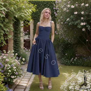 Navy Blue Spaghetti Strap Midi Dress for Women - Elegant Fit and Flare Sleeveless Summer Dress, Garden Party or Wedding Guest Outfit