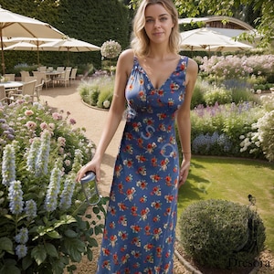 Boho Floral Chiffon Dress - Blue Flowers Summer Maxi Dress, Romantic Garden Party Outfit, Sleeveless Vintage-Inspired Sundress, Blue Dress