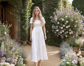 White Puff Sleeve Midi Dress – Square Neck Bridal Gown, Cottagecore Garden Wedding Outfit, Romantic Elegant Civil Elopement Look