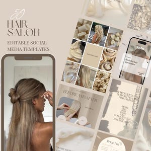 May include: A digital marketing image with the text "50 HAIR SALON EDITABLE SOCIAL MEDIA TEMPLATES". The image features a woman with long hair, and various social media templates with hair-related content.