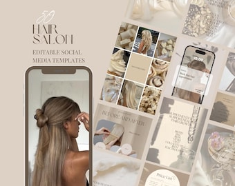 May include: A digital marketing image with the text "50 HAIR SALON EDITABLE SOCIAL MEDIA TEMPLATES". The image features a woman with long hair, and various social media templates with hair-related content.
