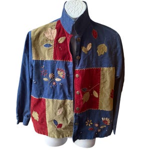 Vintage Alfred Dunner Patchwork Denim Button Up Autumn Leaf Shirt Women Size 12