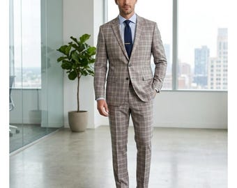 Joseph Abboud Bewegung Herren 40R Anzug Set Grau Braun Plaid Stretch 2-Knopf-Blazer