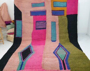 Bold Boujaad Moroccan Rug – Handmade Wool Berber Carpet – Tribal Geometric Style – Colorful Boho Vintage Decor – Free Express Shipping