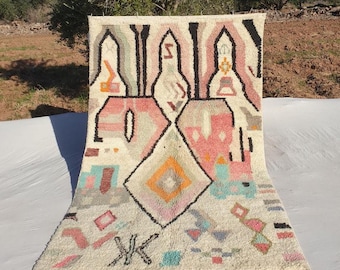 Colorful Moroccan Boujaad Rug with Geometric Tribal Design, Handwoven Wool Boho Berber Area Carpet, Free Shipping