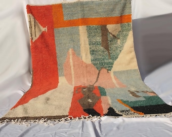 Abstract Boujaad Moroccan Rug – Handmade Wool Berber Carpet – Colorful Tribal Design – Vintage Boho Home Decor – Free Express Shipping
