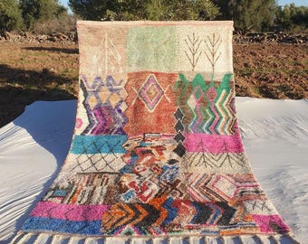 Bohemian Moroccan Rug, Bright Boujaad Berber Carpet with Tribal Geometric Patterns for Eclectic Decor, Free Express Shipping