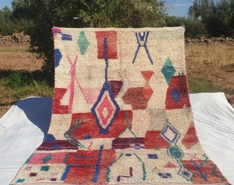 Abstract Moroccan Boujaad Rug – Handmade Wool Berber Carpet – Multicolor Geometric Diamond Design – Unique Vintage Boho Decor Rug