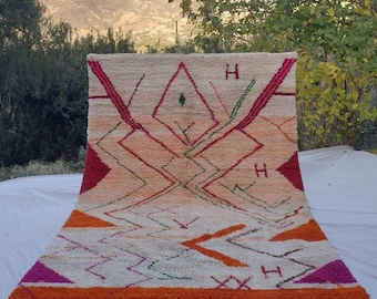 Peach & Orange Boujaad Rug with Tribal Diamond Motifs, Authentic Moroccan Berber Handmade Wool Carpet, Free Express Shipping