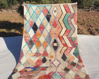 Colorful Moroccan Boujaad Rug with Geometric Diamond Pattern, Handmade Berber Wool Carpet, Boho Tribal Decor, Free Shipping
