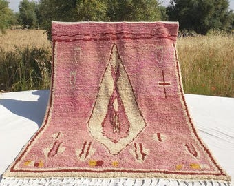 Vintage Pink Moroccan Rug, Boujaad Wool Carpet, Handmade Bohemian Area Rug, Tribal Geometric Decor, Free Shipping
