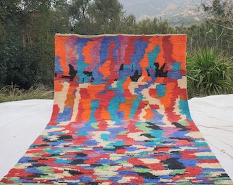 Multicolor Moroccan Boujaad Rug, Bright Abstract Handmade Berber Carpet, Colorful Bohemian Living Room Decor, Free Shipping