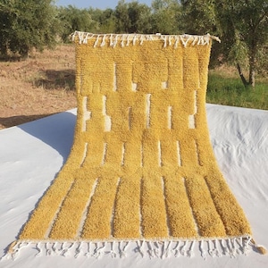 Yellow Moroccan Rug, Handmade Wool Berber Carpet, Mustard Beni Ourain Style Modern Minimalist Boho Decor, Custom Size Available