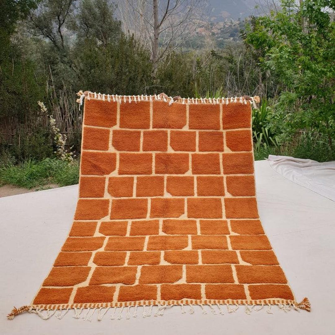 Beni Ourain Moroccan Rug – Rust Brick Pattern Wool Carpet – Handmade ...