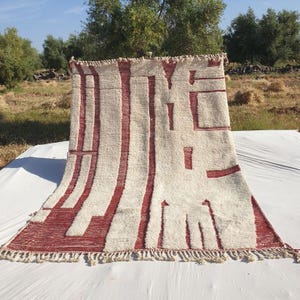 White and Red Moroccan Rug, Authentic Beni Ourain Wool Carpet, Geometric High Pile Shag Area Rug, Custom Size Available