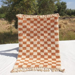 Terracotta Checkered Moroccan Rug, Handmade Beni Ourain Wool Carpet, Geometric Boho Area Rug, Custom Size Available