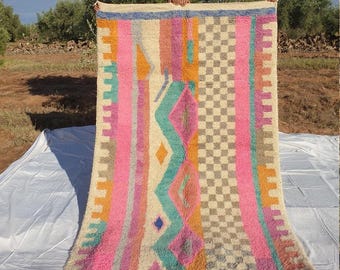 Colorful Boujaad Moroccan Rug – Handmade Wool Berber Carpet – Geometric Tribal Style – Boho Vintage Decor – Free Express Shipping