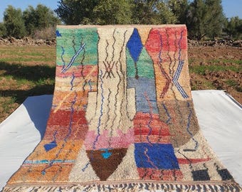 Boho Moroccan Boujaad Rug, Colorful Tribal Berber Carpet with Geometric Diamond Patterns for Living Room, Free Express Shipping