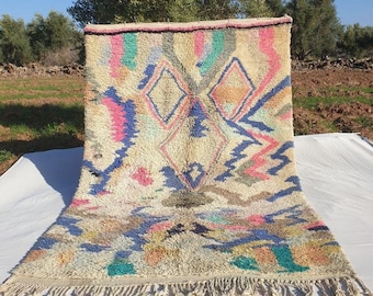 Vintage Moroccan Boujaad Rug, Pastel Bohemian Berber Carpet with Diamond Tribal Design for Cozy Interiors, Free Express Shipping