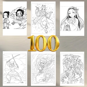 May include: A collection of black and white line art illustrations featuring characters from an anime series. The images include various characters in action poses, with detailed clothing and facial expressions. The number "100" is in gold.