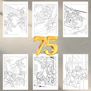 Può includere: Una collezione di sei pagine da colorare in bianco e nero con le Tartarughe Ninja in varie pose d'azione. Un numero d'oro 75 è al centro dell'immagine.