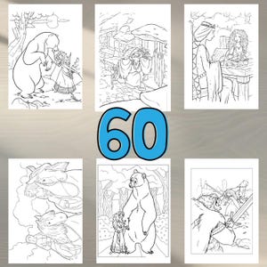 May include: A set of six black and white coloring pages featuring scenes from a fairy tale. The pages include a bear and a girl, a woman in a cottage, a woman with a sword, a horse and a girl, a bear and a girl in a forest, and a man with a sword.
