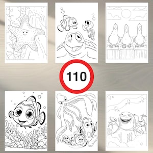 Può includere: Pagine da colorare in bianco e nero con personaggi del film d'animazione Alla ricerca di Nemo. Le pagine includono una stella marina, una tartaruga, un pesce pagliaccio, uno squalo, un calamaro e un gruppo di gabbiani.