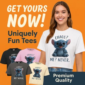 Stitch Inspired Shirt – Chaos Me Never Tee – Funny Alien Cartoon Shirt – Disney Fan Gift – Lilo and Stitch Style Tee  Cute Blue Creature Top