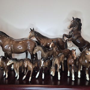 Puede incluir: Colección de figuras de caballos de cerámica en varios tamaños y poses. Los caballos son principalmente marrones con marcas blancas y acabados brillantes. Algunos se alzan, otros están de pie o pastan, creando una exhibición dinámica.