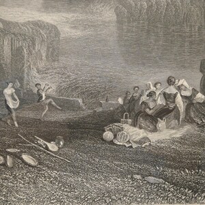 May include: A grayscale etching depicts a pastoral scene with figures near a body of water. Two people dance, while others gather for a picnic. A bridge and foliage are in the background. Musical instruments and food are visible.