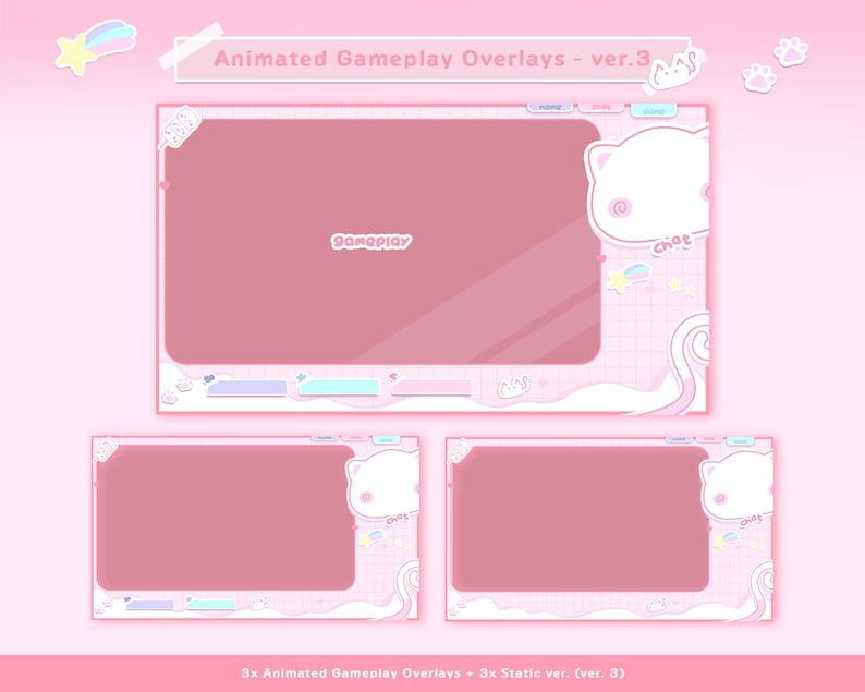 May include: A set of pink animated gameplay overlays with a cat theme. The design features a large central display area, smaller sections, and decorative elements such as stars and paw prints. Text includes "Animated Gameplay Overlays - ver.3" and "gameplay".