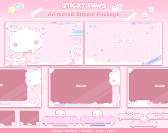 Animated Pink Cat Stream Overlay Pack: Twitch, YouTube, VTuber (Digital Download