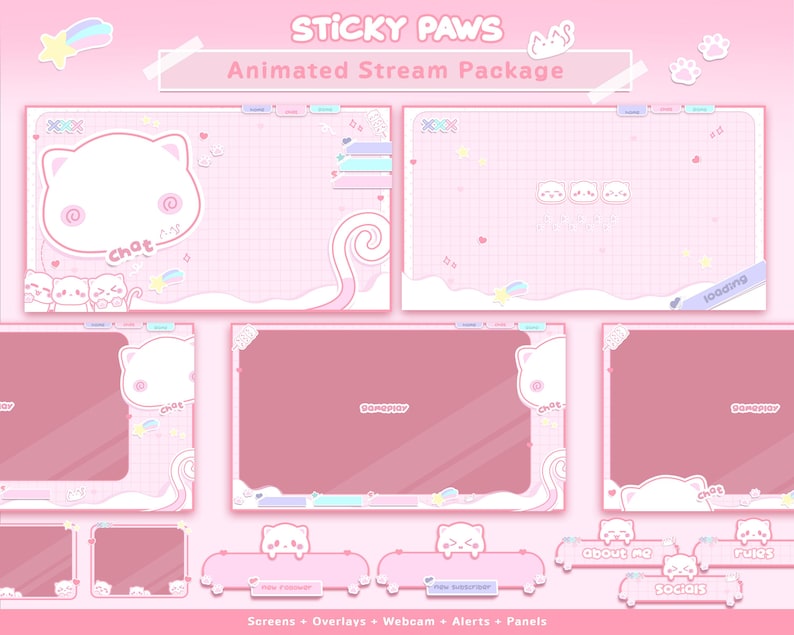 Animated Pink Cat Stream Overlay Pack: Twitch, Youtube, Vtuber (digital ...