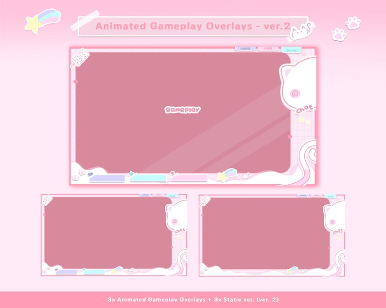 May include: A set of pink animated gameplay overlays with a cat theme. The design includes a main gameplay window and two smaller windows, with the text "Animated Gameplay Overlays - ver.2". The design features stars, clouds, and the word "gameplay".