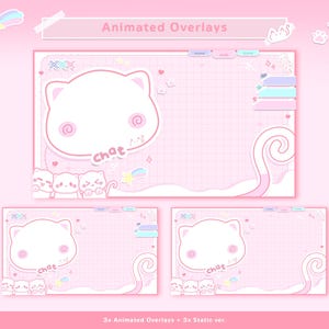 May include: Pink animated overlays with a cute cat design. The overlays feature a large cat face, hearts, stars, and the word "chat". The design includes three animated overlays and three static versions.