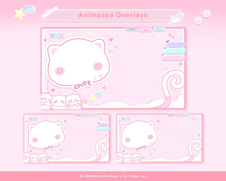 May include: Pink animated overlays with a cute cat design. The overlays feature a large cat face, hearts, stars, and the word "chat". The design includes three animated overlays and three static versions.
