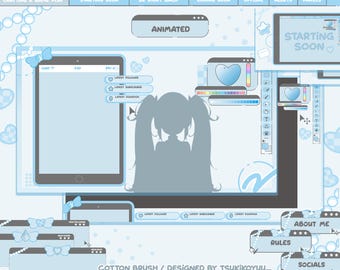 Cotton Brush Animated Stream Package: Kawaii Blue Twitch Overlays (Digital Download)