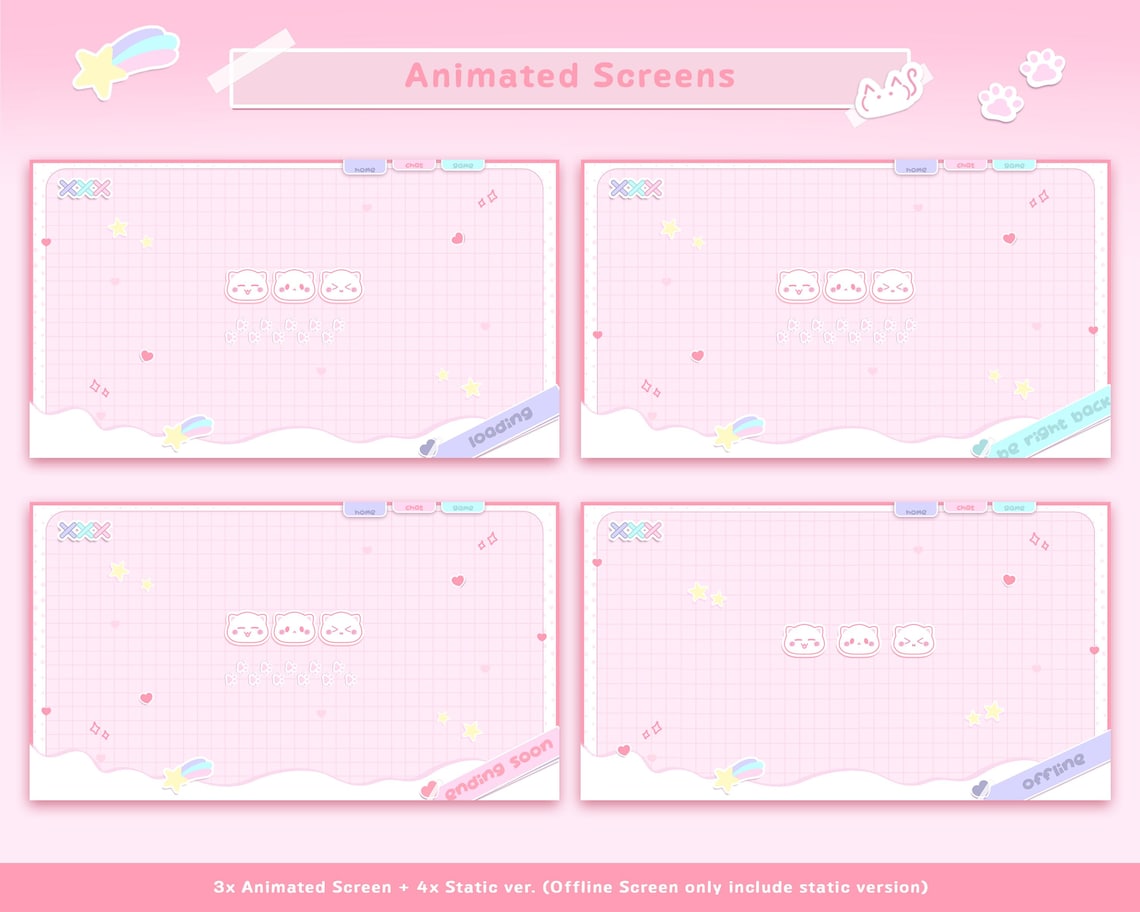 Animated Pink Cat Stream Overlay Pack: Twitch, Youtube, Vtuber (digital ...