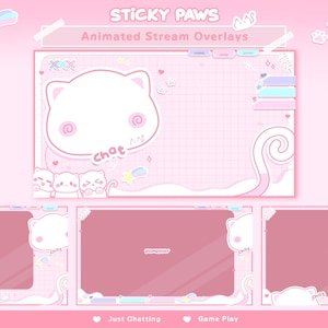 Puede incluir: Superposiciones de transmisión animadas rosas con un tema de gato. El diseño incluye una cara de gato grande, burbujas de chat y elementos decorativos. El texto "STICKY PAWS" y "Animated Stream Overlays" son visibles.