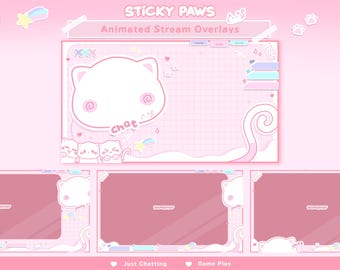Animated Pink Cat Stream Overlay – Kawaii Vtuber Twitch Assets (Digital Download)